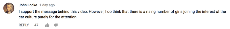 Illustration for article titled The Comments On This Video About A Lack Of 'Car Girls' Are Why There's A Lack Of Car Girls